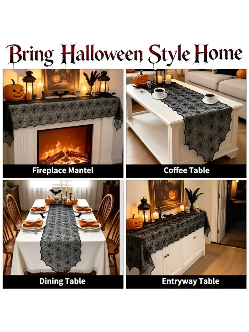 18 x 72 Inch Halloween Table Runner - 2 Pcs Black Lace Runner with Spider Web